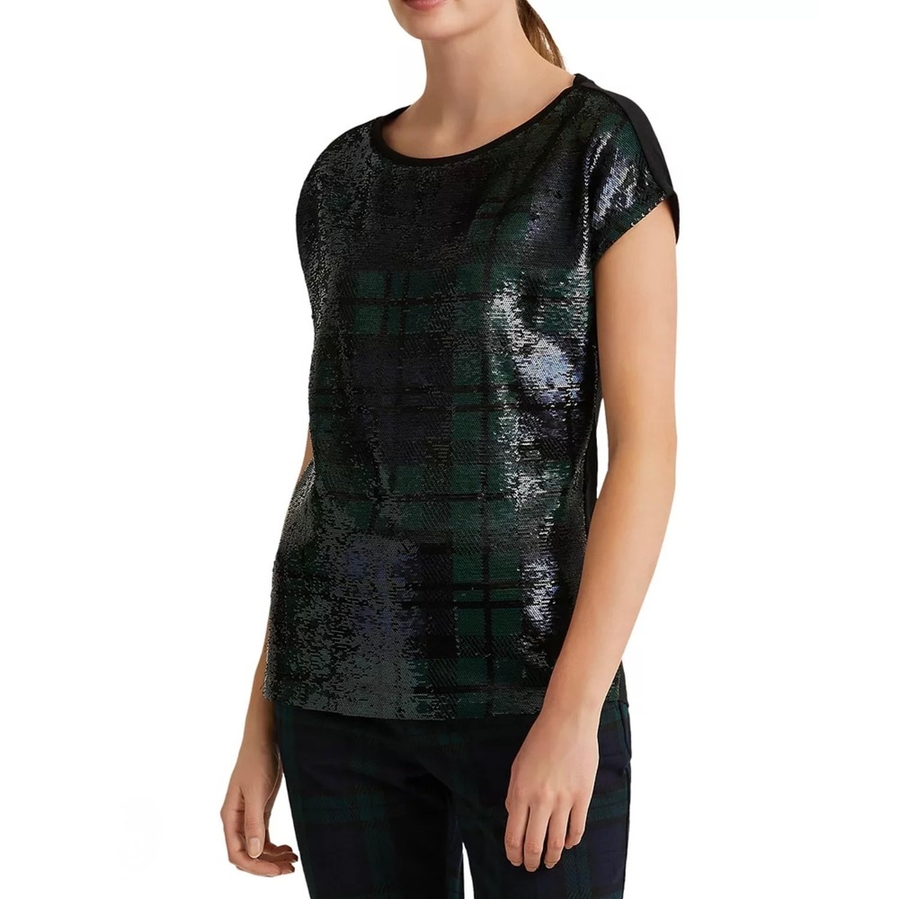 Lauren Ralph Lauren Sequin Plaid Cap Sleeve Top Womens XXS TTP Black Green Blue